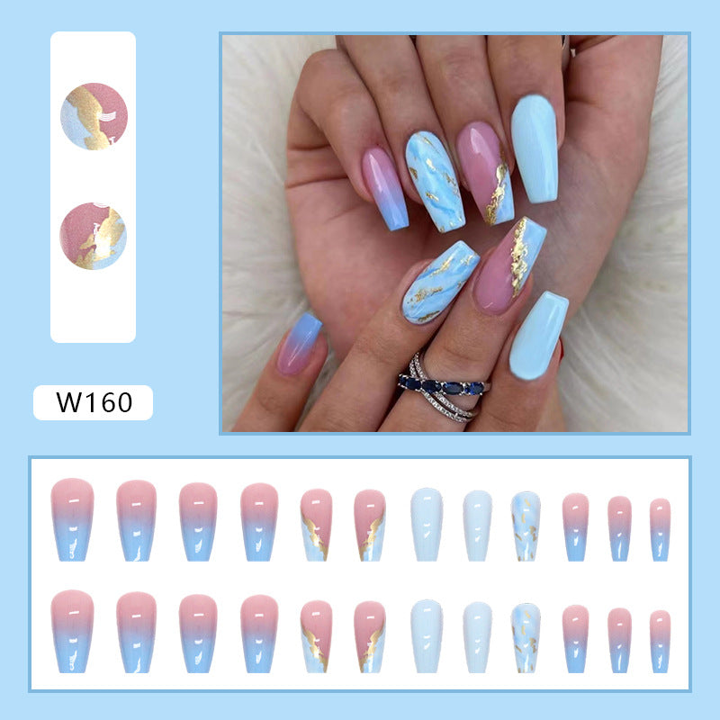Blue and Pink Ombre with Gold Foil Marble Design, Long Ballerina Style, Coffin Press-on Nails