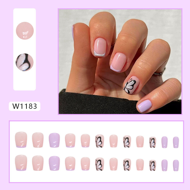 French Manicure Set, Pink and Lavender with Butterfly Design, Short Square Style, Press-on Nails
