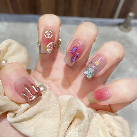 Mixed Design with Citrus Art, Glitter, and Holographic Elements, Long Square Style, Artificial Press-On Nails