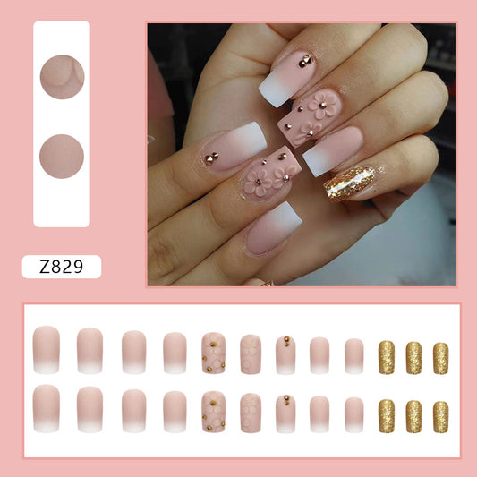 3D Flower Nail Art Set, French Ombre Pink and White Tips, Rose Gold Glitter Accents, Long Square Design, Press on Nails