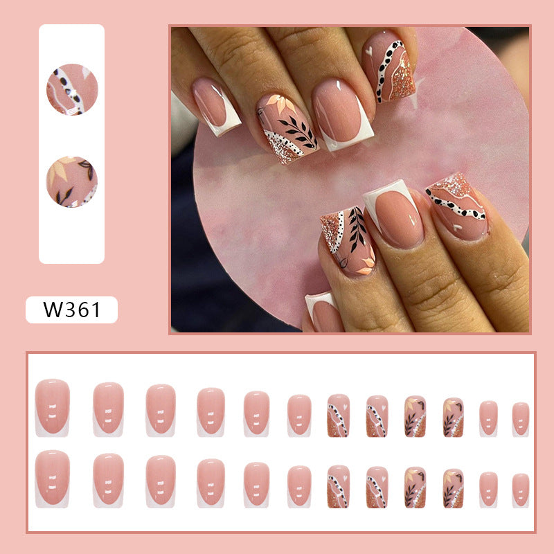 Rose Gold Glitter Design with Floral Pattern, White Tips, Professional Manicure Set, Press on Nails