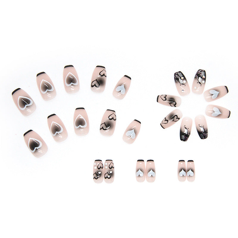 Clear Base with Heart Design, Black and White Patterns, Silver Glitter Accent, Square Tips, Press-On Nails