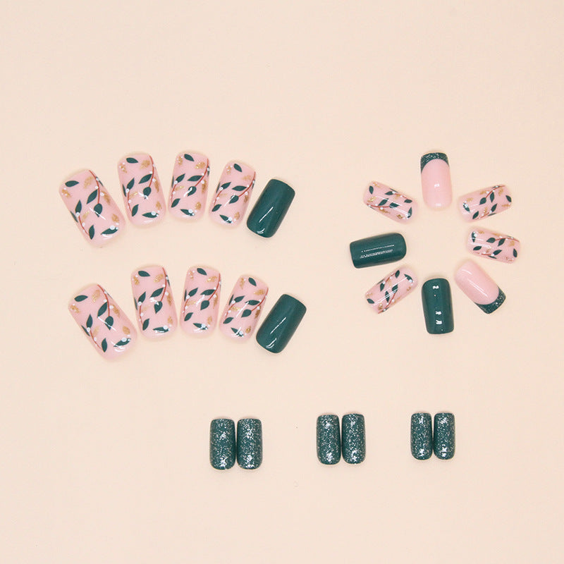 Emerald Green Botanical Press-On Nails – Glitter French Tip Square Nail Set (Set of 24)