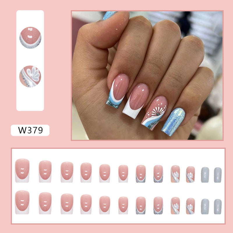 Medium Square Press-On Nail Set – Pink French Tips with Blue Glitter & Floral Accent | Glossy Reusable False Nails (Set of 24)