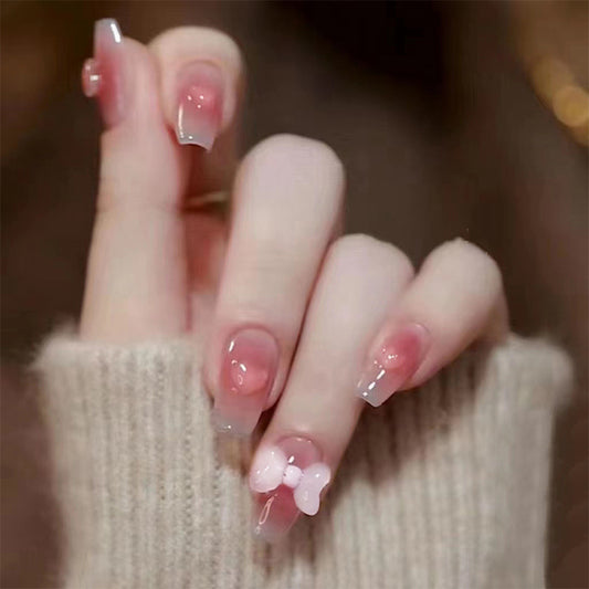 Pink Gradient French Tips with 3D Bow Design, Square Shape, Artificial Press-on Nails
