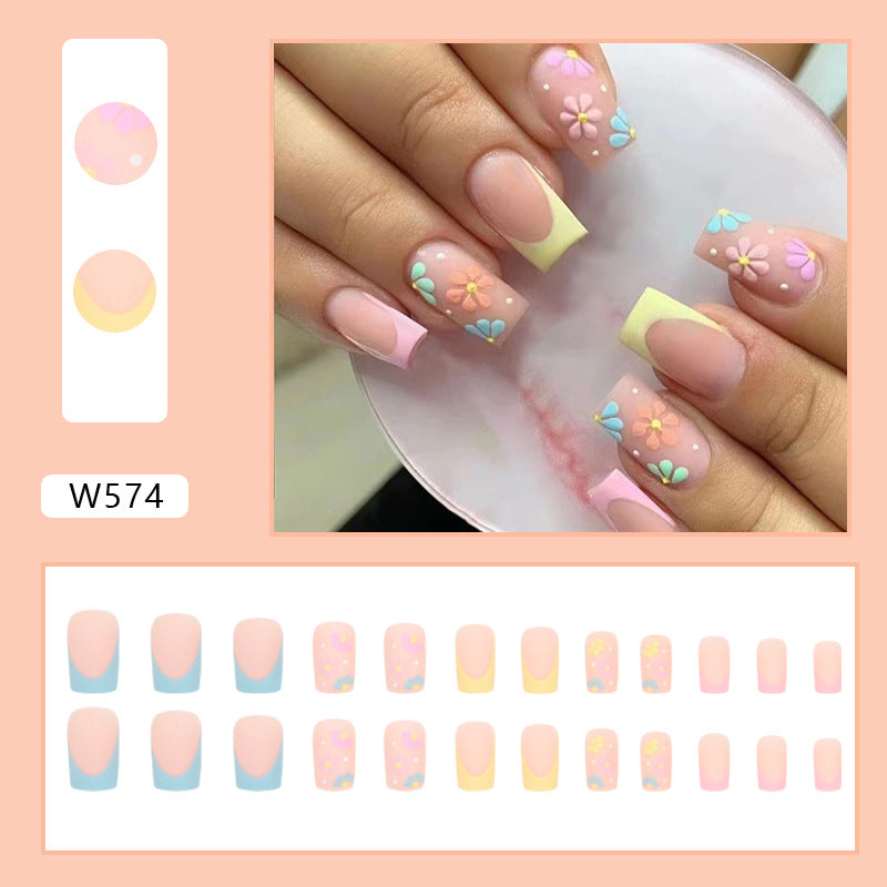 Pastel Spring Floral French Tip, Pink and Yellow Tips with 3D Flower Design, Artificial Nail Set, Press-on Nails