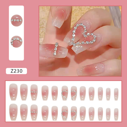 Pink Gradient with Rhinestone Heart Design, Coffin Shape, Artificial Press-On Nails
