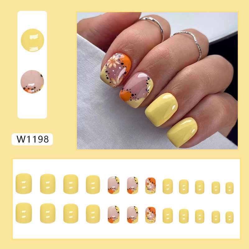 Sunshine Yellow & Orange Floral Square Press-On Nails – Glossy Ombre Daisy Nail Set (Set of 24)