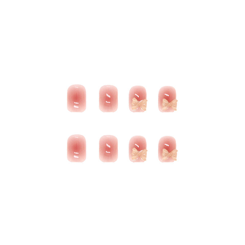3D Rose Gold Bow False Nail Tips, French Manicure Style, Artificial Press-on Nails
