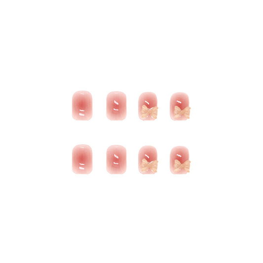 3D Rose Gold Bow False Nail Tips, French Manicure Style, Artificial Press-on Nails