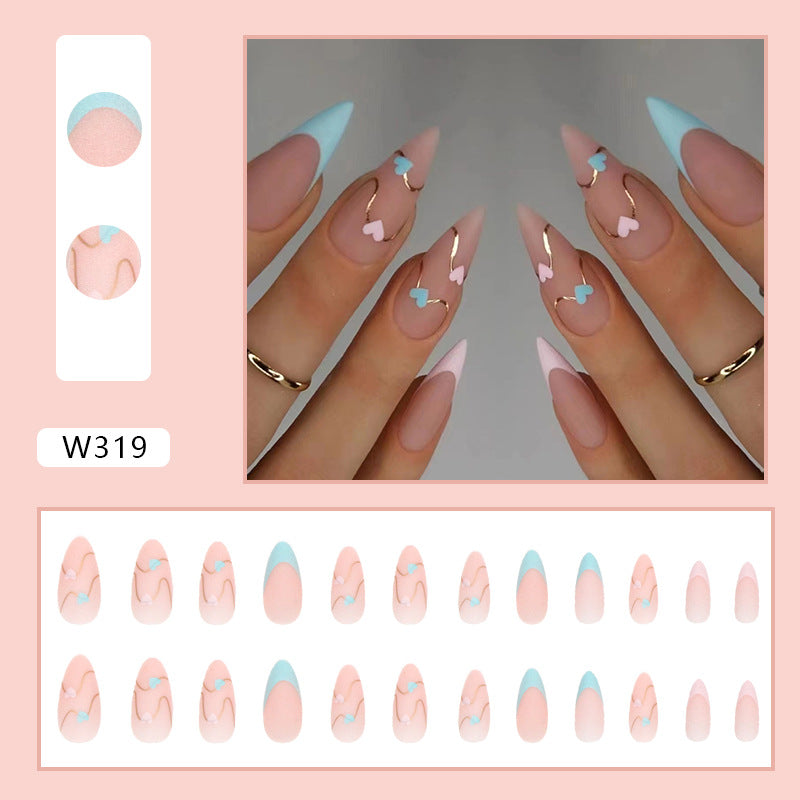 Matte French Tips with Heart Design, Pink and Blue Hearts, Gold Accents, Almond Shape, Stiletto Press-On Nails