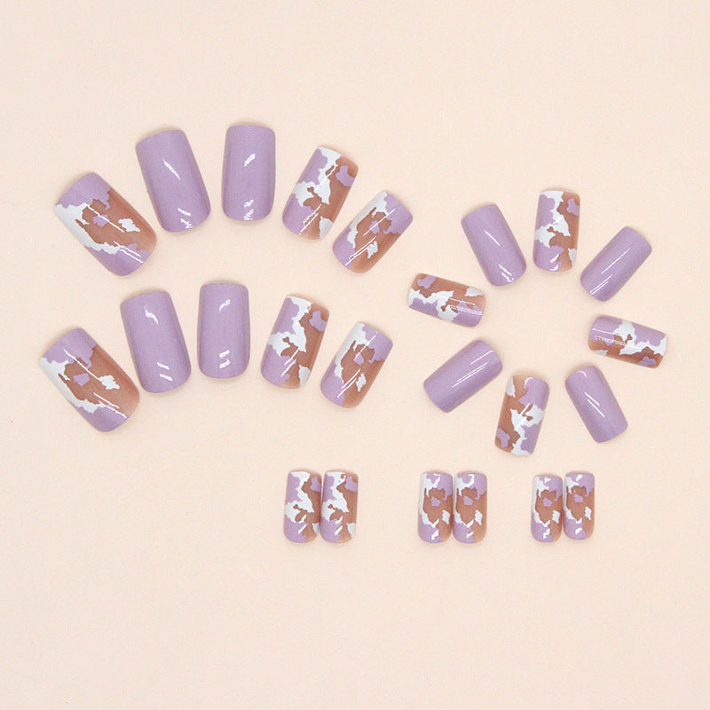 Artificial Press-On Nails, Lavender Purple with Silver Marble Design, 24 Pieces, Press on Nails