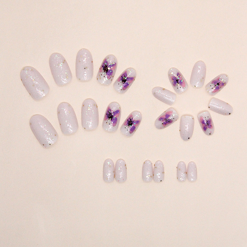 Butterfly Nail Art Design, Purple Watercolor Pattern, White Base with Glitter Accents, Press on Nails