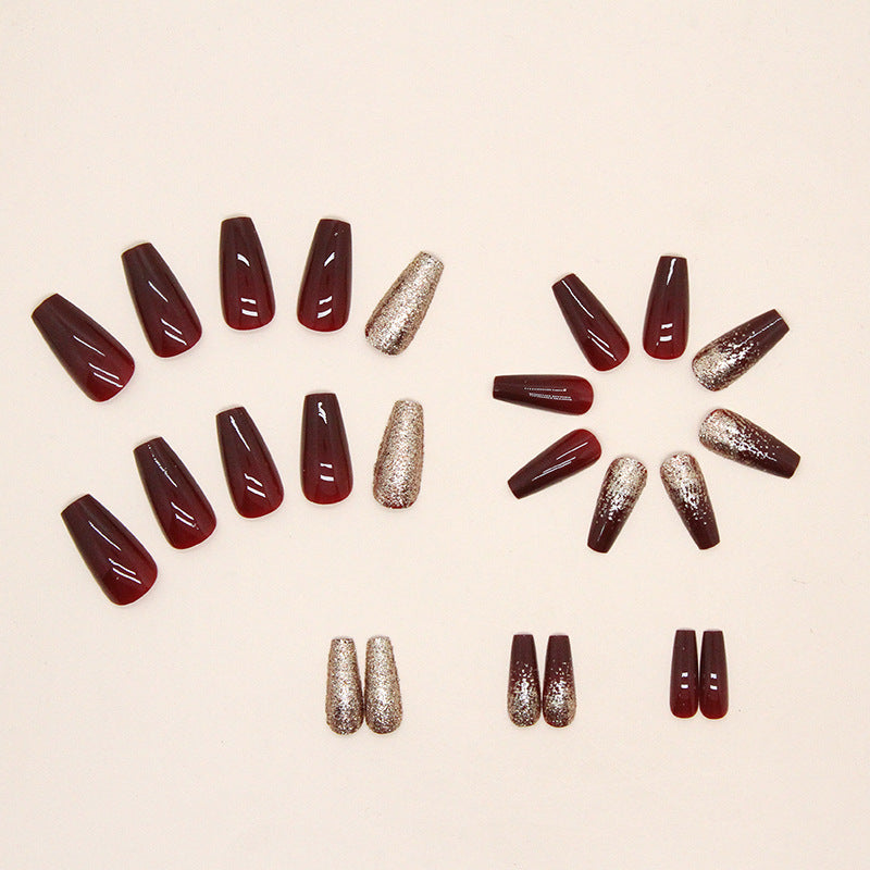 Burgundy Wine & Champagne Gold Square shape Glitter Press-On Nail Set | Glossy Reusable False Nails (Set of 24 Pieces)
