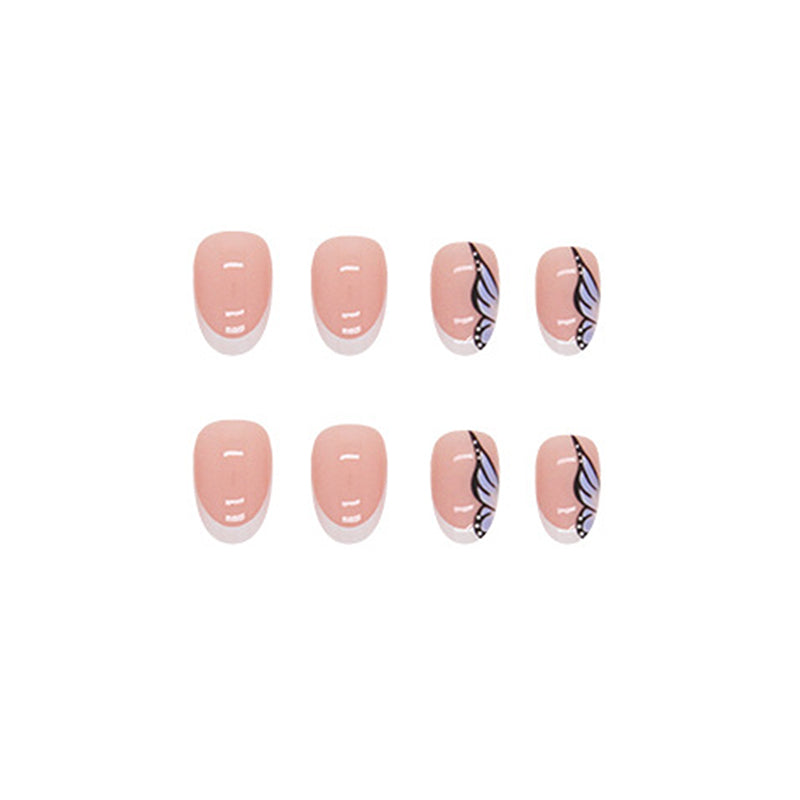 French Manicure with Butterfly Design, Oval Shape, Nude and White, Press-On Nails