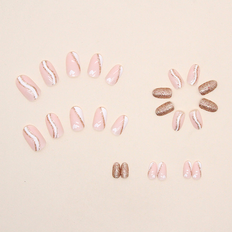 Almond Shape, Rose Gold Glitter with White Hearts Design, French Manicure Style, Press-On Nails Set