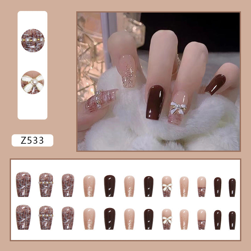 Brown and Nude Glitter Design with Pearl Bow, Square Tips, 12 Pieces, Press on Nails