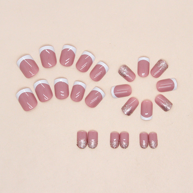 French Manicure, Pink Base with White Tips and Silver Glitter Accent, Wedding Style, Press-On Nails