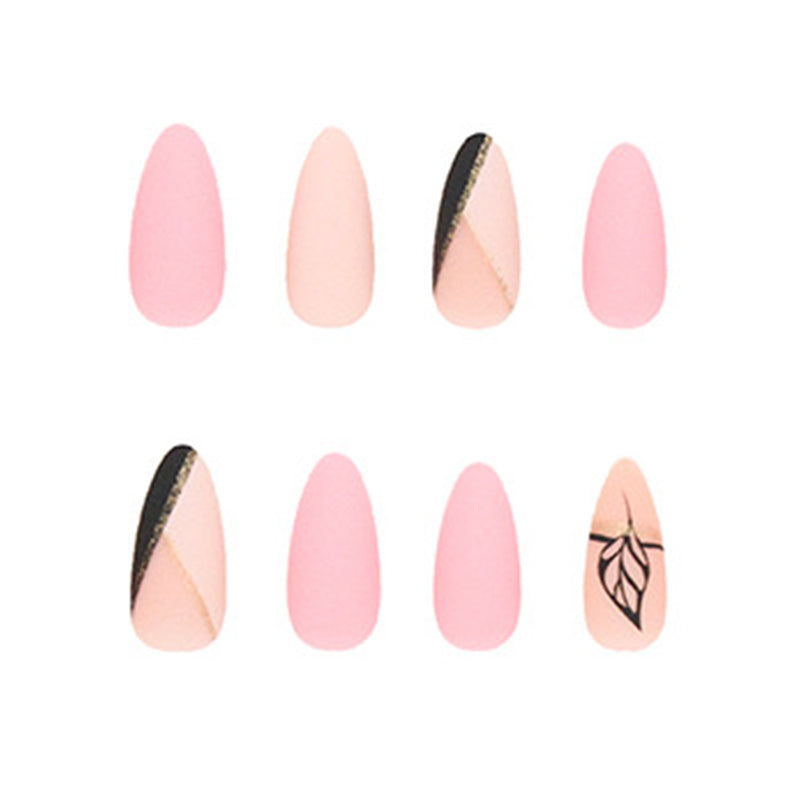 Elegant Matte Almond Stiletto Nails, Pink and Nude with Black Leaf Design, Gold Glitter Accent, Press on Nails