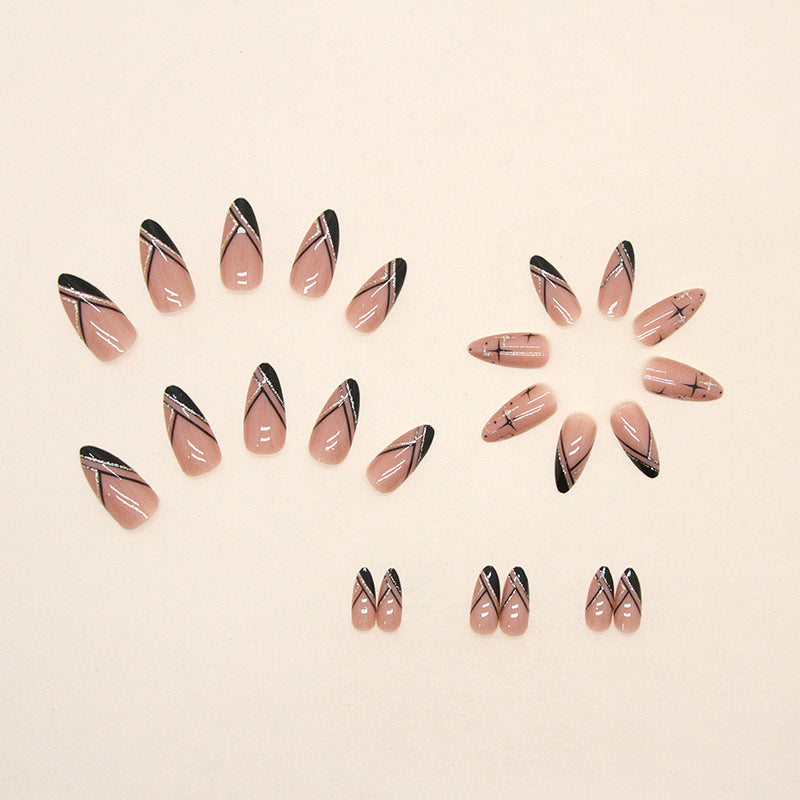 Nude Pink with Black Geometric Design, 24 Pieces, Artificial Press-On Nails Set