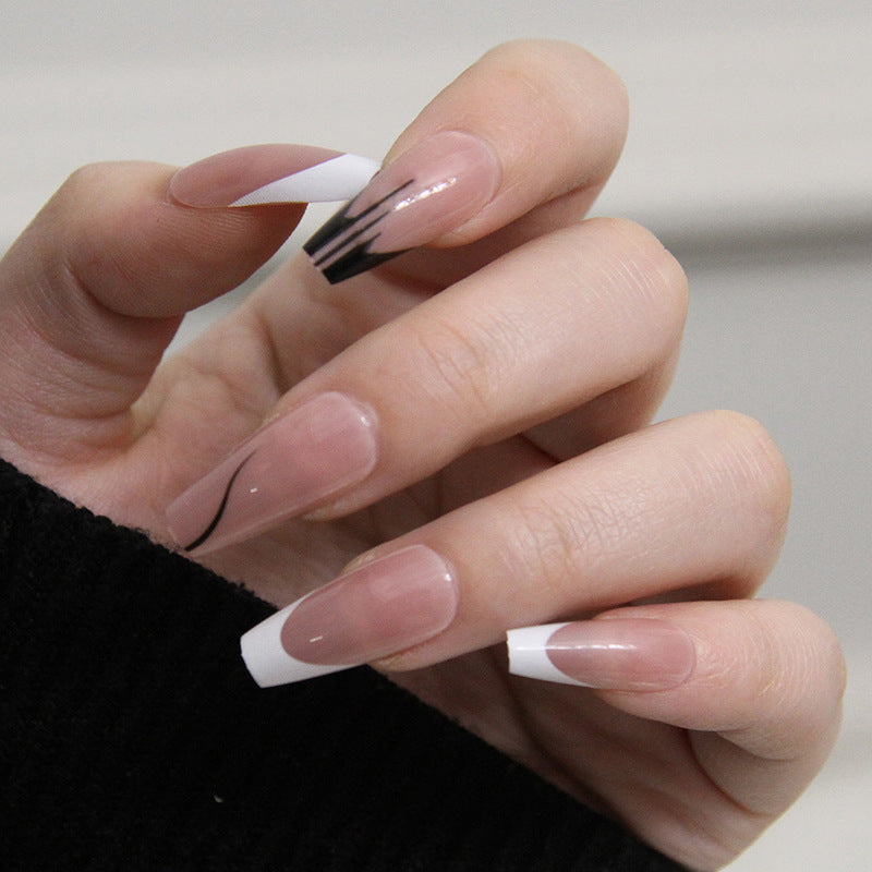 Extra Long Coffin Shape, Black and White Design, 24 Pieces, French Tip Press-On Nails