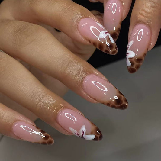 Almond French Manicure, Oval Shape, Pink Base with White Floral Design, Press-on Nails