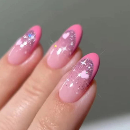 Pink Almond Stiletto with Glitter Hearts and Crystals, Romantic Design, Set of 24, Press-On Nails