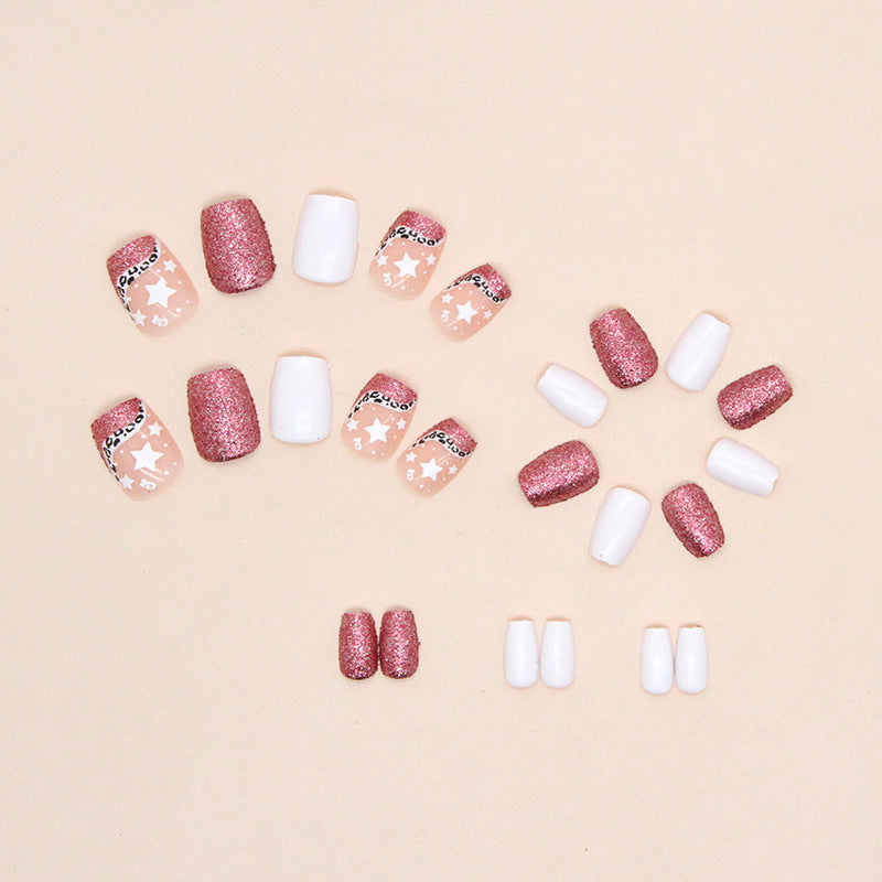 Pink Glitter and White with Star Pattern, 24 Pieces, Press on Nails