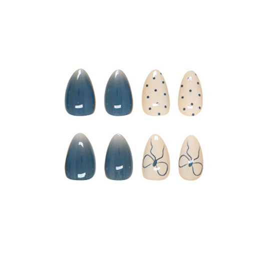 Almond and Blue Bow Design, Heart Pattern, Oval Shape, Pastel Colors, Press-On Nails