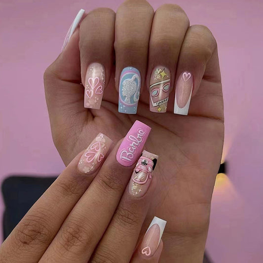 Barbie-Themed, Long Coffin Style, Pink and Blue Design with Hearts and Glitter, 24 Pieces, Press-On Nails
