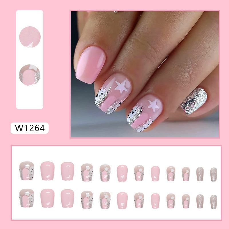 Pink Star Glitter Square Press-On Nails – Glossy Silver Sparkle Nail Set (Set of 24)