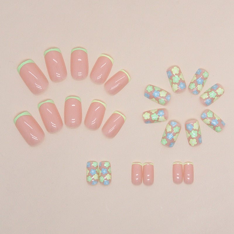 Pink with Mint Green French Tips and Floral Pattern, 24 Pieces, Press on Nails