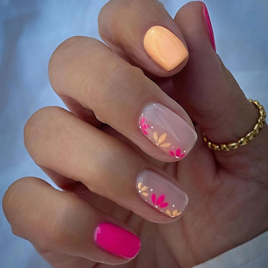 Floral Nail Art Design Set, Pink and Peach Colors, Mixed Pattern Manicure, Press on Nails
