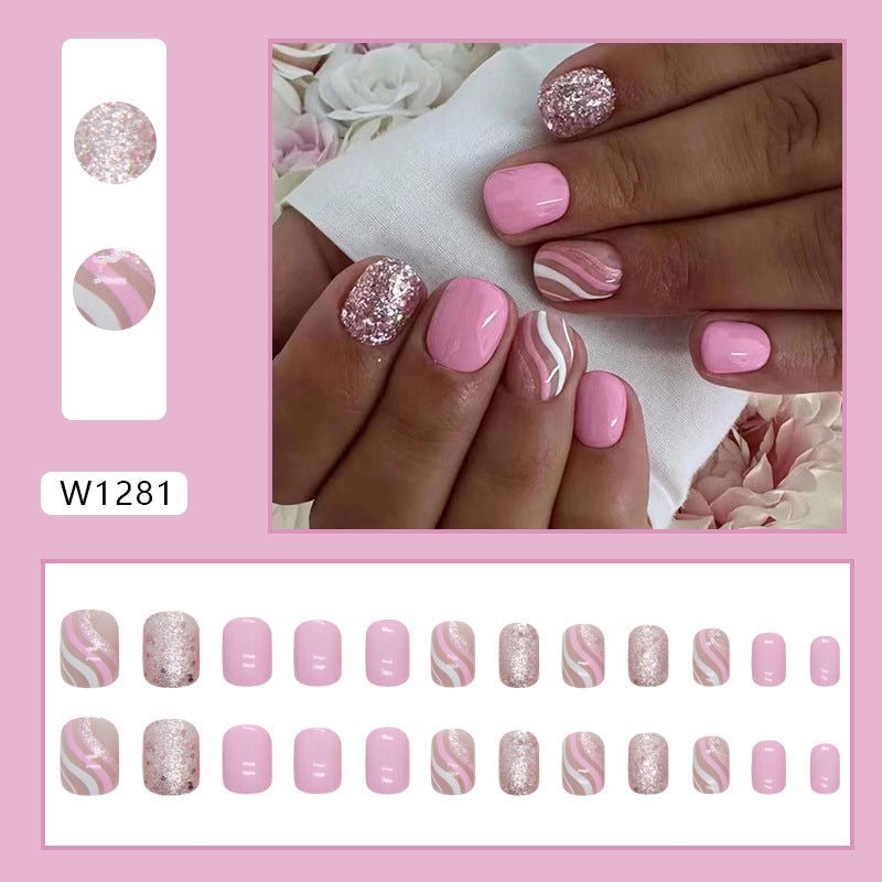 Pink Glitter Nail Art Set, Short Square Nails with Wave Design, Light Pink and Rose Gold Manicure, Press on Nails