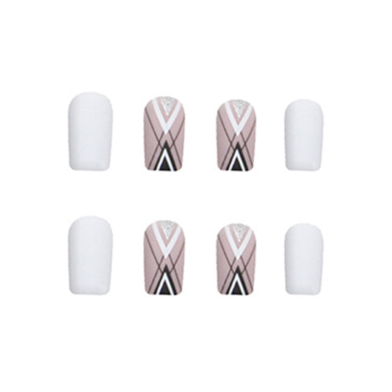 Geometric Nail Art Design Set, White and Pink with Black Lines, Silver Glitter Accents, Long Square Tips, Press on Nails