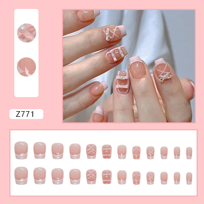Short Square Press-On Nail Set – Pink French Tip with 3D Bow & Pearl Accents | Glossy Reusable False Nails (Set of 12)