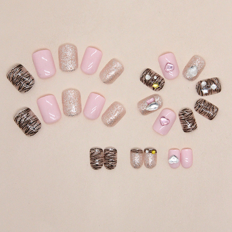 Decorative Nails, Pink Base with Glitter and Rhinestone Design, Short Length, Press-On Nails