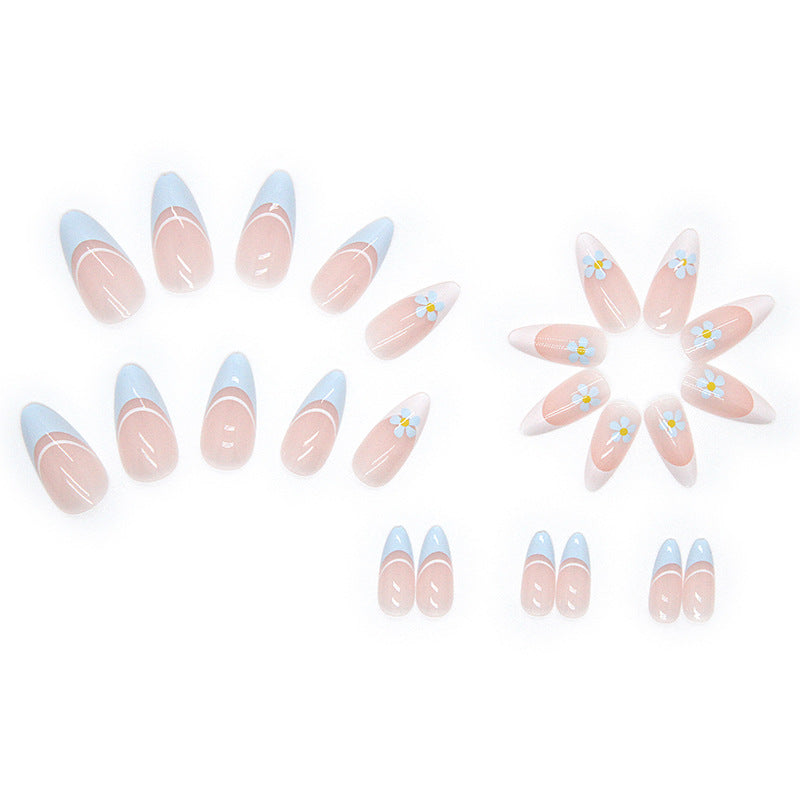French Tip with Daisy Design, White and Blue Gradient Tips, Stiletto Shape, Press-On Nails