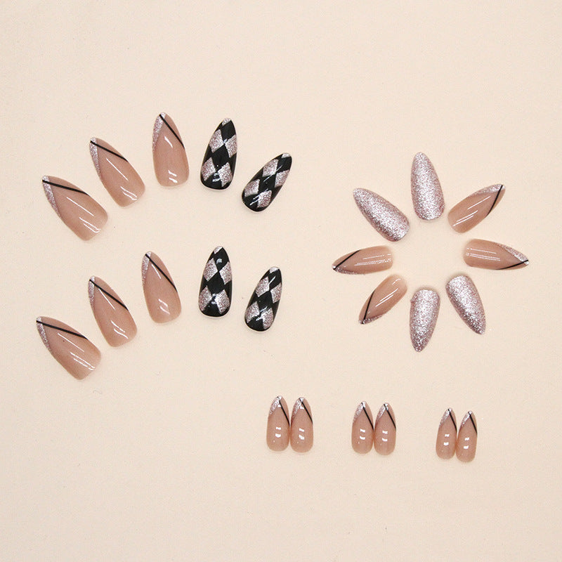 Black and Rose Gold Glitter Geometric Design, Long Stiletto Shape, Elegant Almond Press-On Nails