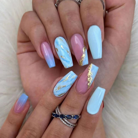 Blue and Pink Ombre with Gold Foil Marble Design, Long Ballerina Style, Coffin Press-on Nails