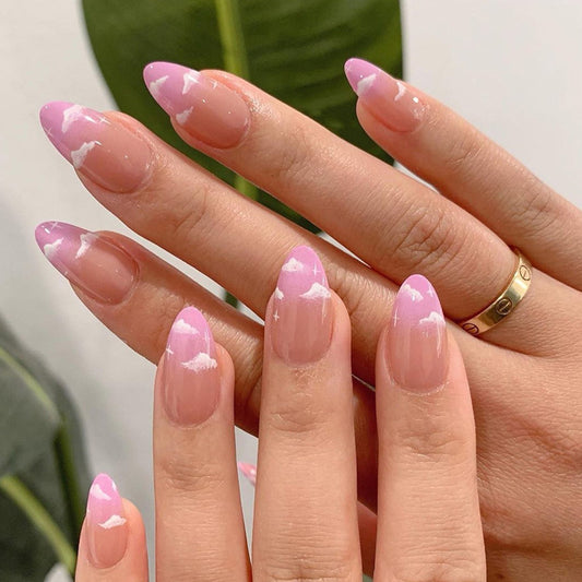 Pink Cloud French Manicure, Almond Shape, Medium Length, 24 Pieces, Press-On Nails