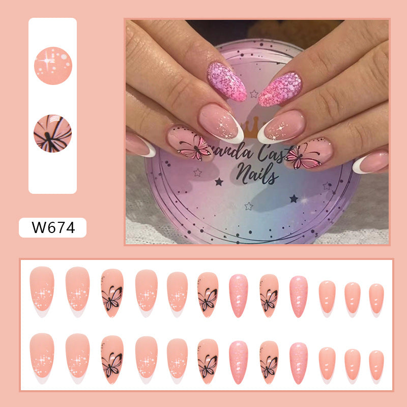 Pink Butterfly French Tip Nails, Glitter Accent Almond Nails, Romantic Manicure Design, Press on Nails