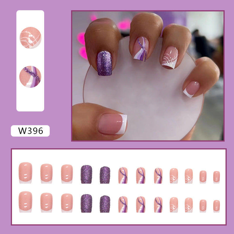 Short Square Press-On Nail Set – Pink French Tips with Purple Glitter Accent & Abstract Nail Art | Glossy Reusable False Nails(Set of 24)