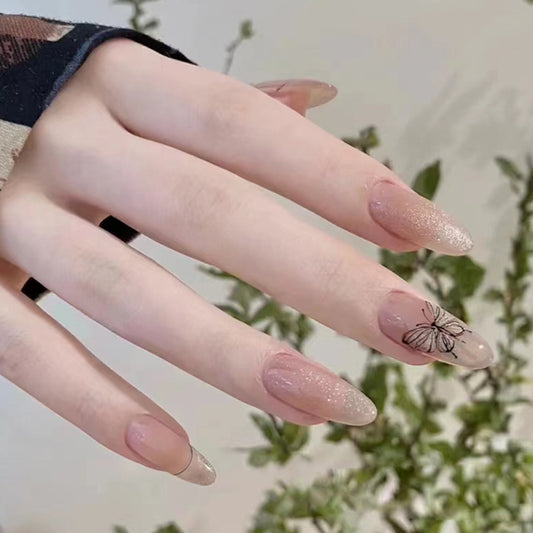 Butterfly Design, Nude Pink Glitter, Oval Shape, 24 Pieces, Press on Nails