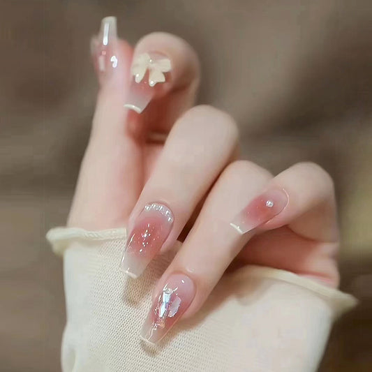 Glossy Pink Gradient with Silver Foil Accents, Coffin Shape, Press on Nails