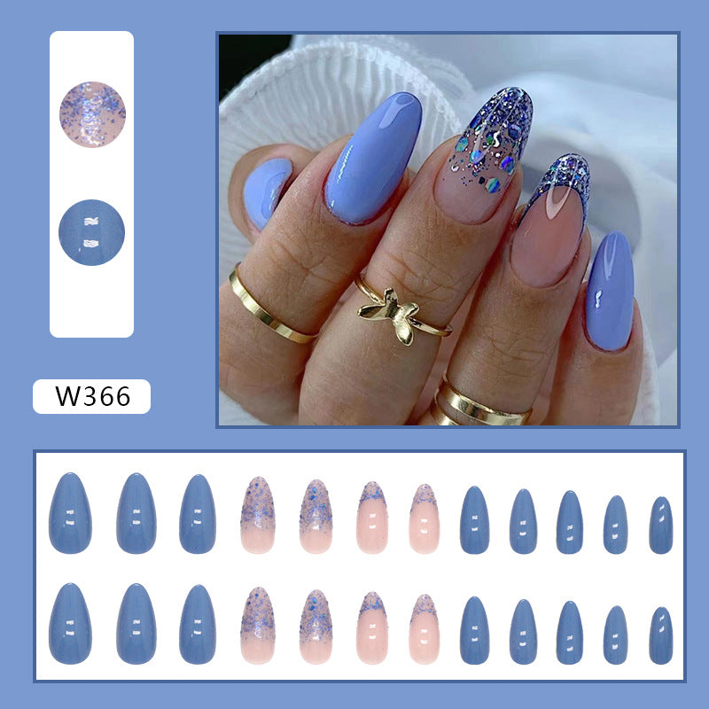 Blue Ombre with Glitter, Stiletto Shape, 24 Pieces, Press on Nails