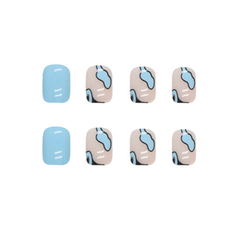 Abstract Nail Art Design, Matte Blue and Nude with Gold Accents, Modern Wave Pattern, Press on Nails