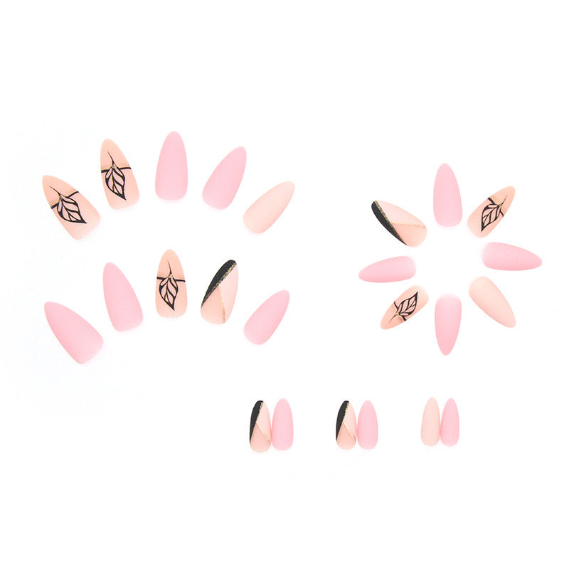 Elegant Matte Almond Stiletto Nails, Pink and Nude with Black Leaf Design, Gold Glitter Accent, Press on Nails