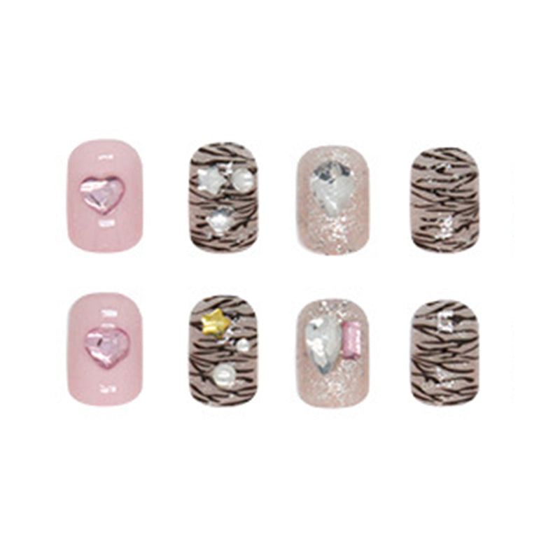Decorative Nails, Pink Base with Glitter and Rhinestone Design, Short Length, Press-On Nails