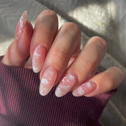 Cloud and Stars Design, Almond Shape, Pink Gradient, 24 Pieces, Press-On Nails